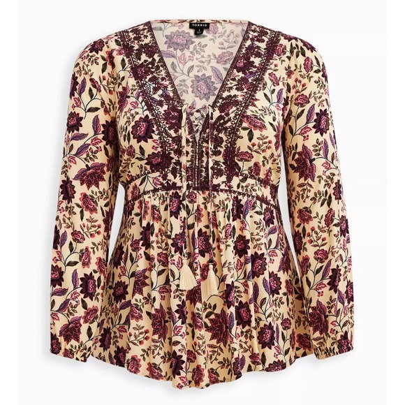 Torrid Babydoll Rayon Crepe Embroidered Lace Up Top Floral Womens Plus Size 2 2X - Picture 11 of 13